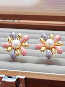1 par de elegantes pendientes de mujer con diseño de fuegos artificiales vintage esmaltados, con perlas incrustadas, adecuados para uso diario - fuegos artificiales - Ver 5