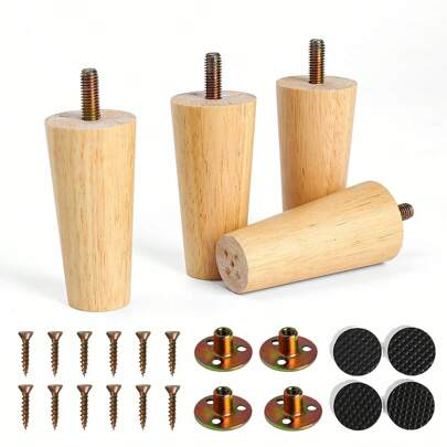 4pcs Solid Wood Rubber Wood Furniture Legs, With M8 Bolts, Rubber Sleeves, Screws, Non-Slip Pads, Suitable For Bedside Tables, TV Cabinets, Footboards
