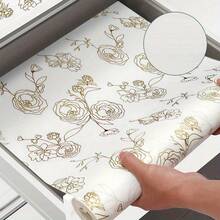 Gold Rose Print Non-Adhesive Drawer Liner: Made Of EVA Material, Removable Kitchen Cabinet Drawer Mat, Spring Summer Picks, Brides Maid Gifts, Room, Bedroom Decor, Bedroom Decor, Beach, Travel, For Men, For Women, Vacation - Clear - View 3