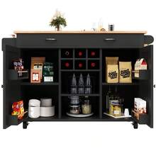 Modern Kitchen Island With Dining Table (102x45x92 Cm) – Multifunctional Kitchen Cabinet & Sideboard With Wood Grain – Black, Large Storage Space - Black - View 10