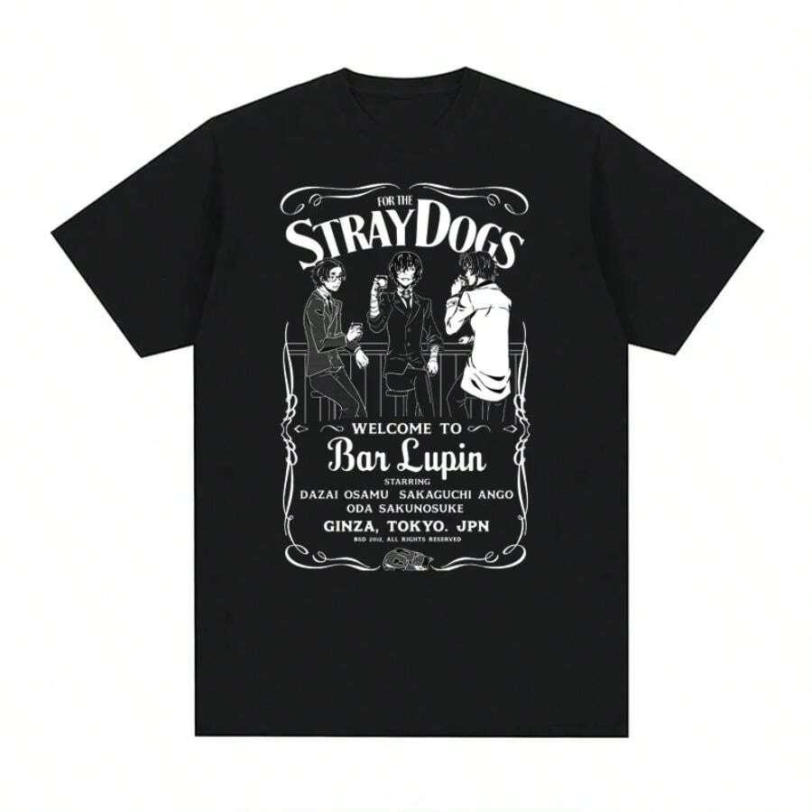 Cool Boy Cartoon Bungo Stray Dogs T Shirts Men Vintage Anime Printed Streetwear Short Sleeve Cotton EU Size T-Shirts - 黑色 - 查看 1