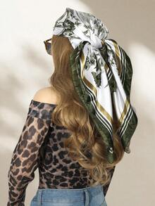 1 件女士军绿色蝴蝶和花朵印花缎面方形围巾，时尚户外头带，情人节礼物头巾