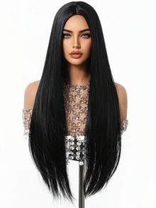 Temperament 26-Inch Mid-Section Black Long Straight Synthetic Heat-Resistant Fiber Wednesday Wig Women's Wig Perfect For Holiday Party Daily Wear - Black - View 6
