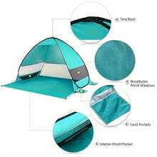 Beach Tent Sun Shelter, Beach Tent Easy Pop Up,Block Up To 98% Of The Sun'S Harmful Uv Rays, Windproof And Ventilated,With Carrying Bag And 6 Ground Pegs For Family Outdoor Adventures, Camping, Picnics, Parks, Lakes, Hiking And Weekend Trips,Ect - 綠色 - 查看 3