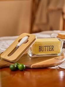 Cirelle 1pc Acacia Wood Lid Glass Butter Dish Set. Thick Glass Butter Container With Bamboo Lid For Home Kitchen, Large Butter/Cookie/Snack Storage, Suitable For Gifts, Christmas Present - Multicolor - View 2