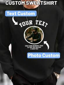 Customized Plus Size Men's Sweatshirt, Can Customize Any Pattern Or Logo, Casual Crew Neck Pullover For Autumn/Winter, Long Sleeve Top - Black - View 1