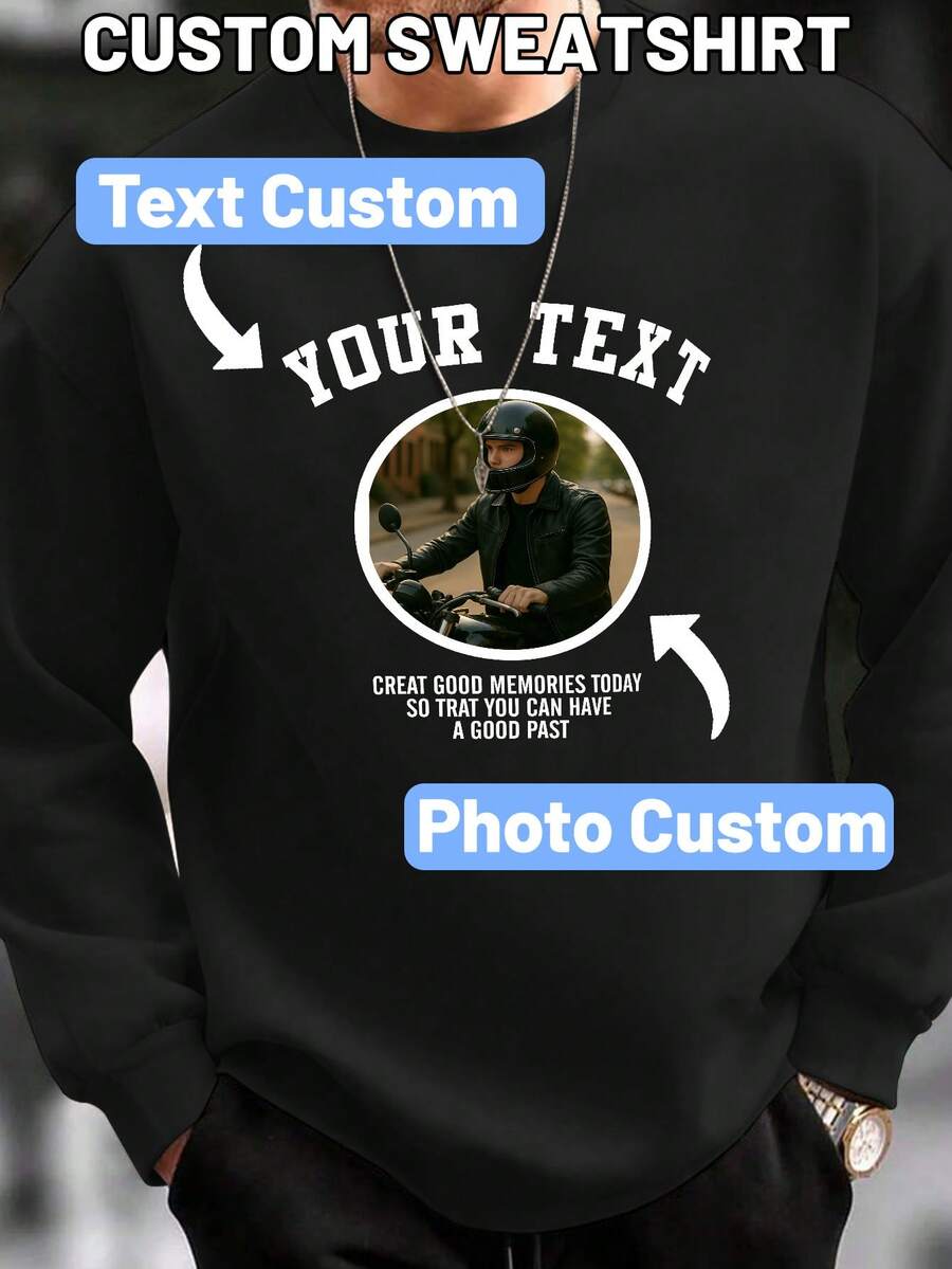 Customized Plus Size Men's Sweatshirt, Can Customize Any Pattern Or Logo, Casual Crew Neck Pullover For Autumn/Winter, Long Sleeve Top - Black - View 1
