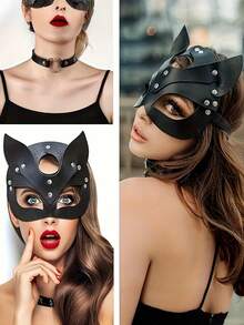 1-Piece Catwoman Mask And Collar Set - Punk Style Faux Leather Superhero Costume Accessory, Suitable For Daily Parties, Role-Playing, And Cosplay (Black Gothic Themed Adult Costume, Halloween) - Multicolor - View 2