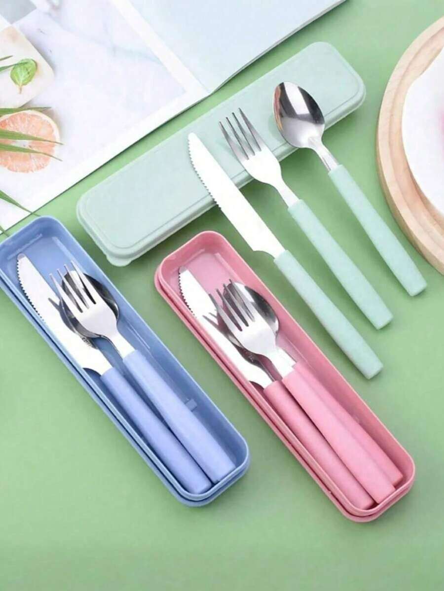 4件套可重复使用旅行餐具套装，带收纳盒，便携式塑料叉勺刀，露营餐具套装，成人午餐餐具，户外野餐餐具，厨房用具，学习用品，返校季 - 彩色 - 查看 1