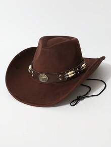 1 pieza Sombrero de ala ancha de tela de alta calidad con decoración de cadena con cabeza de toro para mujer, sombrero vaquero minimalista de moda todo a juego, sombrero de jazz adecuado para fiesta, evento con tema occidental, reunión, cosplay, ceremonia de graduación, baile de máscaras, vacaciones, celebración de cumpleaños, festival de música, viaje y senderismo