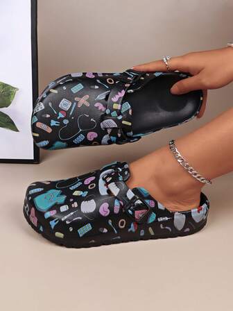 Women'S Slip-On Clogs - Lightweight EVA Non-Slip Shoes With Adjustable Buckle Strap, All-Season Closed-Toe Footwear For Beach, Hiking, Work, Gardening - Cushioned Insole & Easy Slip-On Design - Black Casual Shoes, Beach Walking Shoes, Playful Pattern Footwear, Durable Comfort Sole, Hiking Footwear, Comfortable Insole, Outdoor Enthusiasts