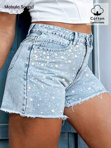 Quần short denim đính ngọc trai giả thời trang cỡ lớn dành cho nữ, thích hợp mặc vào mùa xuân/hè, mặc hàng ngày, tiệc sinh nhật, du lịch, biểu diễn sân khấu, sân bay - Màu xanh lam - Xem 5