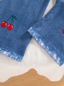 2pcs Girls Casual Outfits, Solid Color Embroidered Cherry Pattern Round Neck Long Sleeve Top And Long Pants Set, Spring/Autumn - Red - View 9