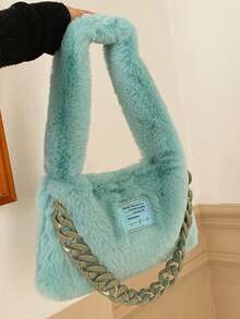 纯色毛绒单肩包，链条装饰，时尚风格 - 彩色 - 查看 6
