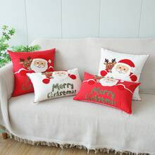 1 buc. Husă de pernă brodată cu Moș Crăciun și reni, pernă decorativă în stil Ins pentru canapea în sufragerie, decor de Crăciun roșu și alb