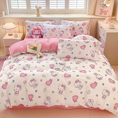 SANRIO 可爱印花 2/3 件床上用品套装 - ///（1 件羽绒被套 + 1/2 件枕套，无填充物）卡通全尺寸，柔软舒适，适合宿舍、家庭卧室、酒店、所有季节，带拉链开合和枕套，多色耐用，超大床上用品，超大羽绒被套套装