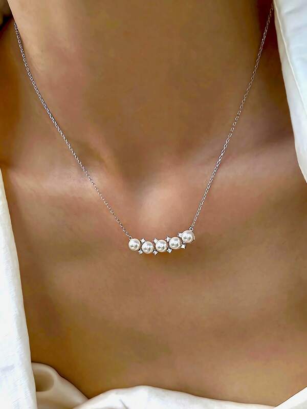 1 Elegant And Versatile S925 Sterling Silver Zirconia Faux Pearl Pendant Necklace For Women For Friends Holiday Party Or Birthday Gift