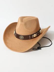 1 pieza Sombrero de ala ancha de tela de alta calidad con decoración de cadena con cabeza de toro para mujer, sombrero vaquero minimalista de moda todo a juego, sombrero de jazz adecuado para fiesta, evento con tema occidental, reunión, cosplay, ceremonia de graduación, baile de máscaras, vacaciones, celebración de cumpleaños, festival de música, viaje y senderismo
