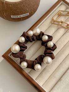 3pcs Women's Black, White, Brown 7cm/2.76in Faux Pearl Satin Scrunchies, Fashion Versatile High-End Elegant Simple Minimalist Solid Color Hair Accessories Suitable For Daily, Casual, Party, Commute, Beach, Ponytail, Bun, Washing Face, Makeup, Outfit Matching, Ponytail Holders, Hair Elastics, Hair Rubber Bands, Elastic Hair Tie, Home Beauty Women Accessory Gifts ,Hair Rope