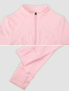 NcmRyu 1 Áo khoác thể thao tay dài có khóa kéo thời trang dành cho nữ, màu trơn co giãn ôm vừa vặn, tôn dáng, áo khoác tay dài mềm mại và thoải mái dành cho nữ - Hồng - Xem 4