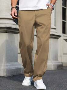 1pc Teen Boy Minimalist Loose Outdoor Sports Exercise Fashionable Plain Color Straight Leg Trousers, Suitable For Spring, Autumn & Winter - Khaki - View 3