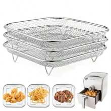 3 piezas Rejilla apilable de acero inoxidable para freidora de aire - Bandeja deshidratadora cuadrada de 8 pulgadas, apta para freidoras de aire con tamaño interior > 8.7 pulgadas, excelente para aperitivos, papas fritas, accesorios para freidora de aire, preparación de alimentos, herramienta de cocina moderna, utensilios de cocina duraderos