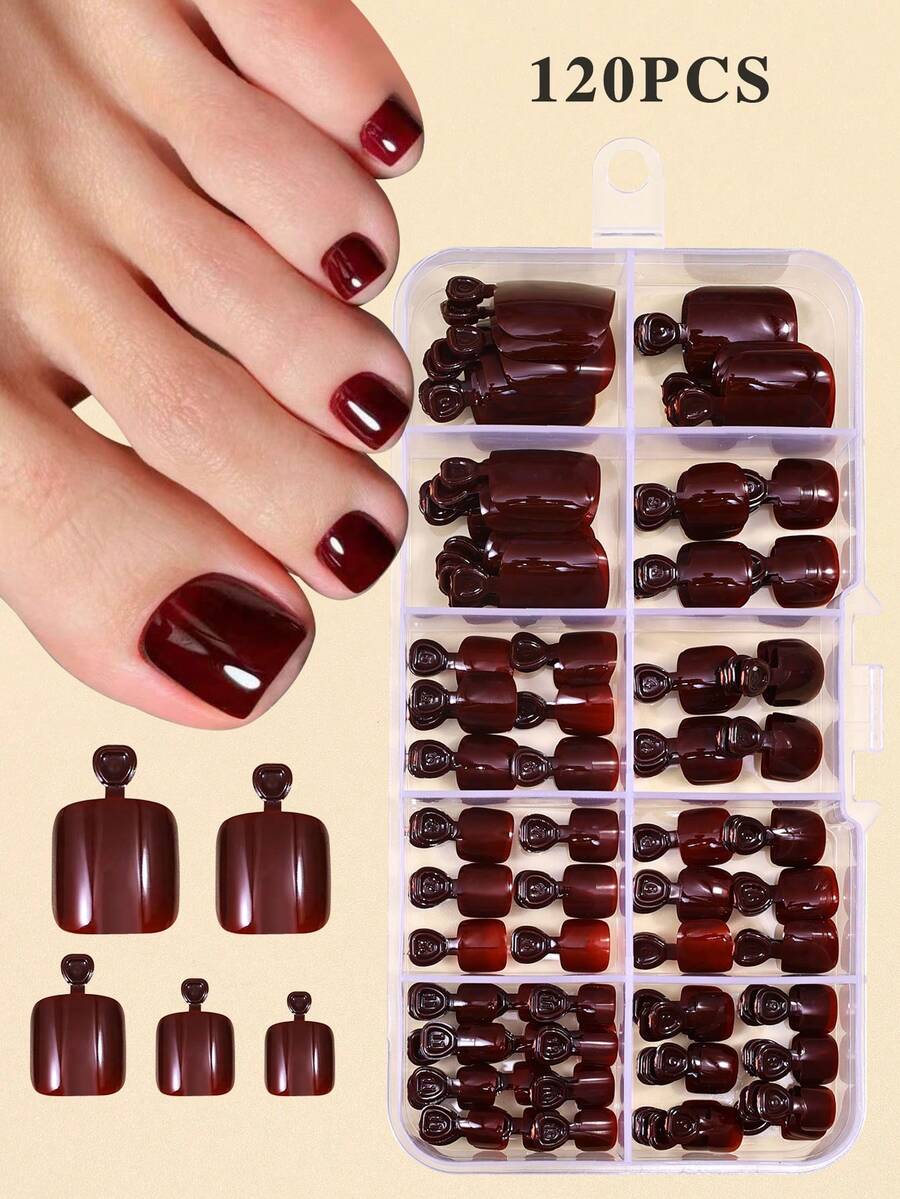 120片纯色酒红色短款美甲假脚趾甲红色按压式脚趾甲供应商美甲用品 - 酒紅色 - 查看 1