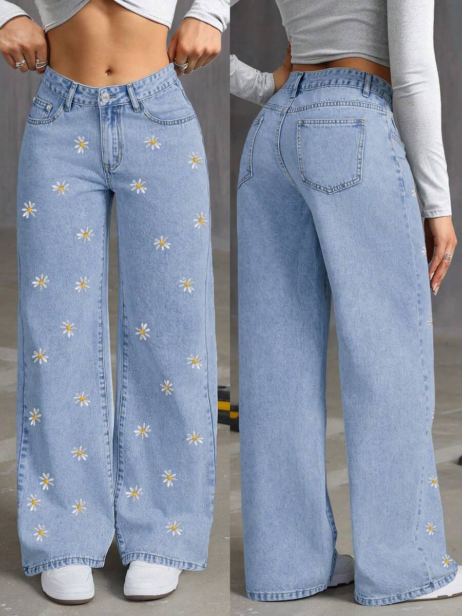 Vintage Washed Blue Floral Embroidered Denim Women Casual Loose Wide Leg Straight Pants, Chic Winter Christmas New Year Thanksgiving