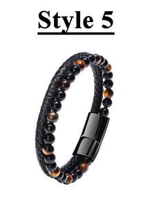 Xiacheng 1/6 件男士编织皮革手链 - 手工牛皮腕带，波西米亚风格合金扣，送给丈夫/男朋友的礼物（黑色） - 黑色 - 查看 14