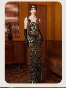1920s Vintage Sequin Beaded Dress, Plus Size Black With Gold, Suitable For Parties, Weddings, Guest Occasions - Black - View 5