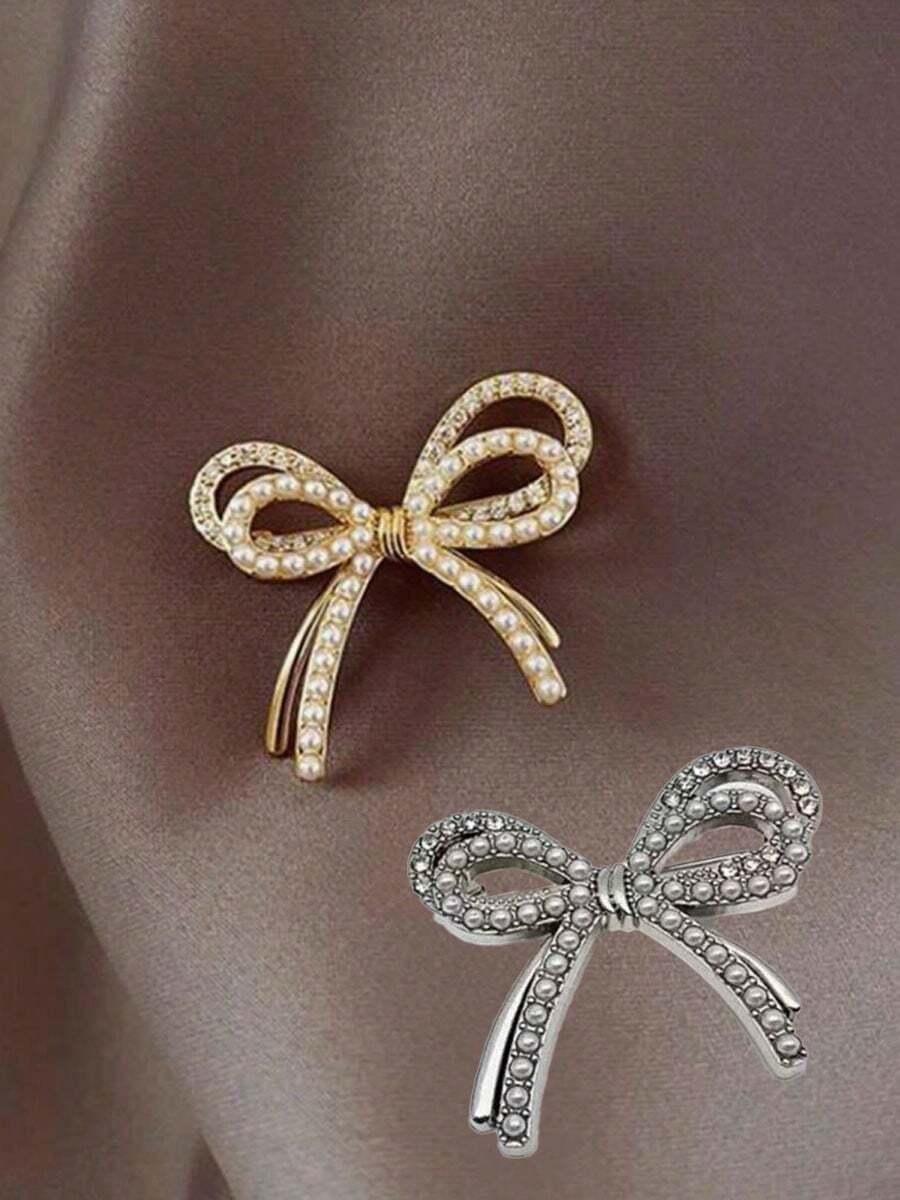 1pc/2pcs Women Elegant Faux Pearl Rhinestone Double Bow Brooch, High-End Female Design Clothing Pins Accessory, Suitable For Daily Anti-Exposure Clothes, Shirts, Dresses, Multi-Occasion Halloween Jewelry Costume Accessories Bag Charms Office Accessories Christmas Gift