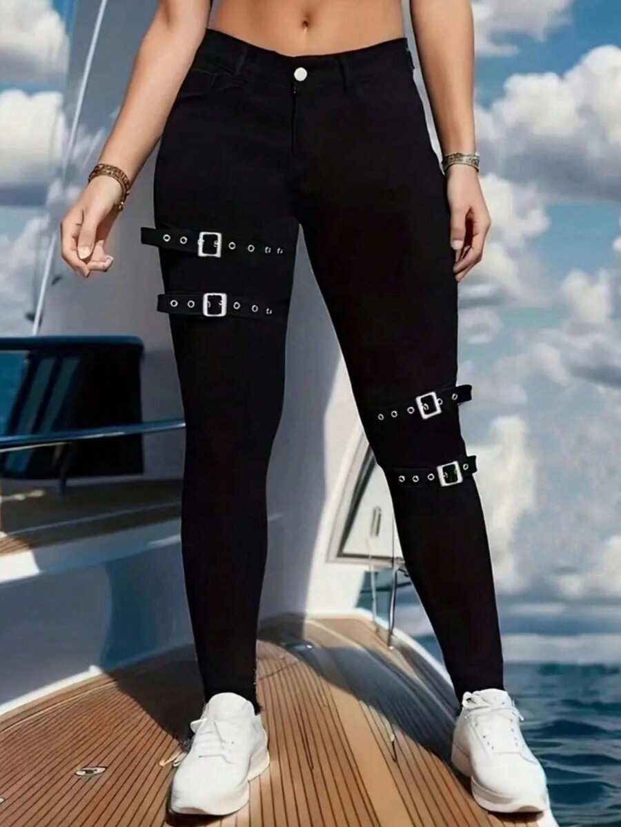 Quần jean denim màu tương phản phong cách miền Tây dành cho nữ, khóa cài hình trăng lưỡi liềm, màu đen - than đen - Xem 1