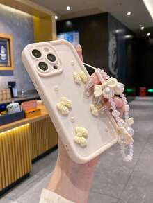 1pc Pink Bow Pearl Waist Chain Full Body Shockproof Phone Case, Compatible With IPhone 16/15 PRO MAX/15 PLUS/15 PRO/15/14 PRO MAX/14 PLUS/14 PRO/14/13 PRO MAX/13 PRO/13/12 PRO MAX/12 PRO/12 PRO MAX/11 PRO/11/XS MAX/XR/XS/7/8 PLUS, Transparent Protective Cover - Beige - View 4