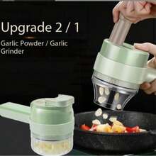 Picadora Eléctrica Portátil 3 en 1 Recargable USB-C con Cuchillas de Acero Inoxidable para Picar, Rebanar y Moler Ajo, Verduras y Carne - Verde - Ver 2