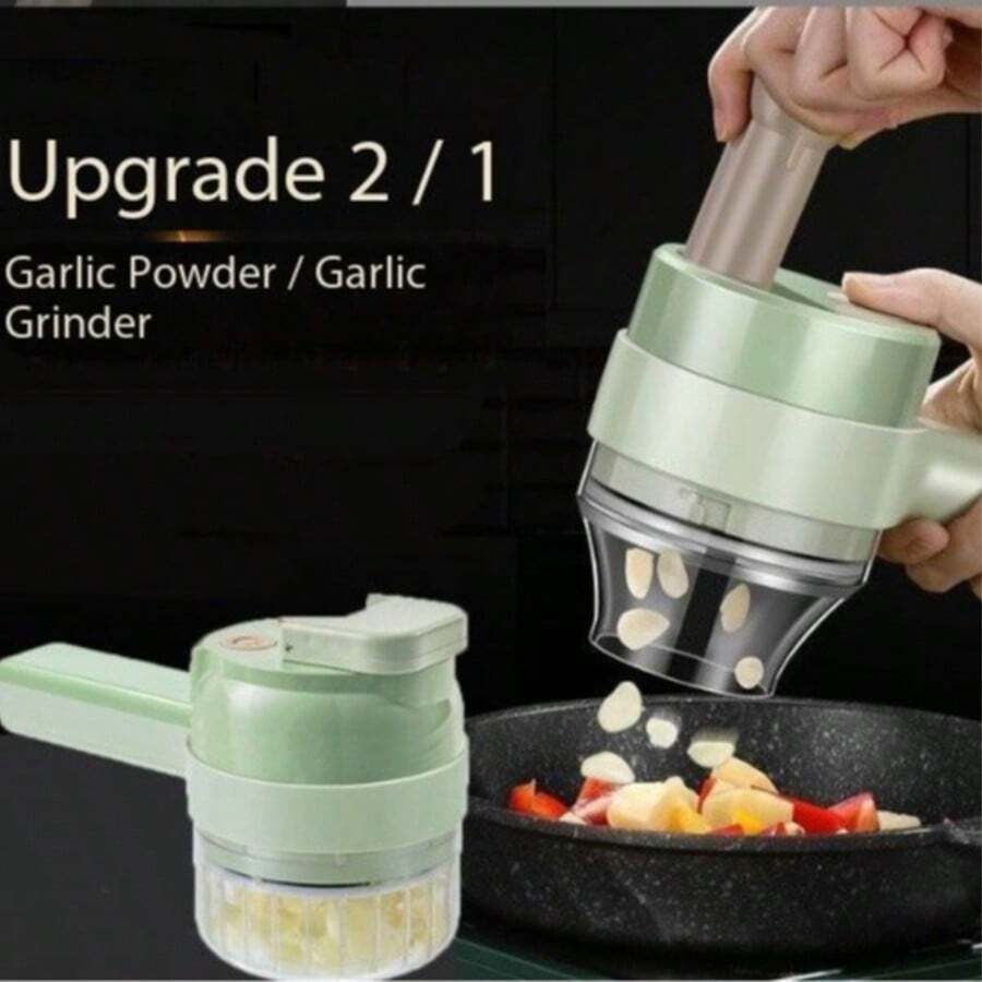 Picadora Eléctrica Portátil 3 en 1 Recargable USB-C con Cuchillas de Acero Inoxidable para Picar, Rebanar y Moler Ajo, Verduras y Carne