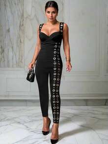 带金属环的高腰连体裤 - 2025 年女士无袖紧身连体裤，修身性感连体裤，夏季时尚街头服饰 - 黑色 - 查看 1