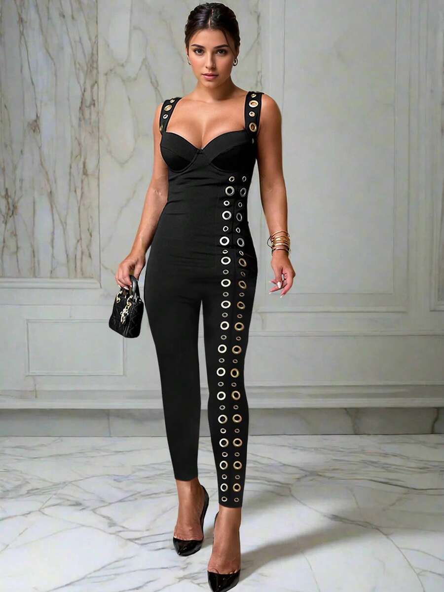 带金属环的高腰连体裤 - 2025 年女士无袖紧身连体裤，修身性感连体裤，夏季时尚街头服饰 - 黑色 - 查看 1