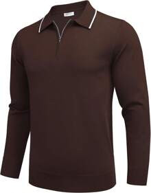 Men's Knit Shirt Long Sleeve Quarter Zip Sweater Casual Shirts Vintage Striped Collar - 焦糖 - 查看 10