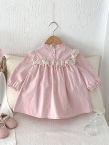 1 pieza Vestido casual cómodo de manga larga con cuello alto, bordado y con ribete de encaje en color rosa para niñas, otoño - Rosa Oxidada - Ver 9
