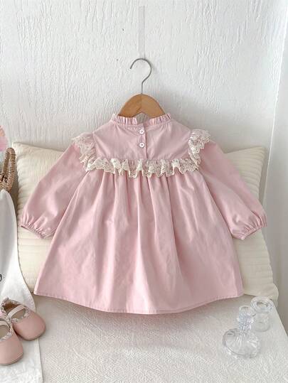 1pc Young Girls Pink Stand Collar Embroidered Lace Trim Long Sleeve Casual Comfortable Dress, Autumn