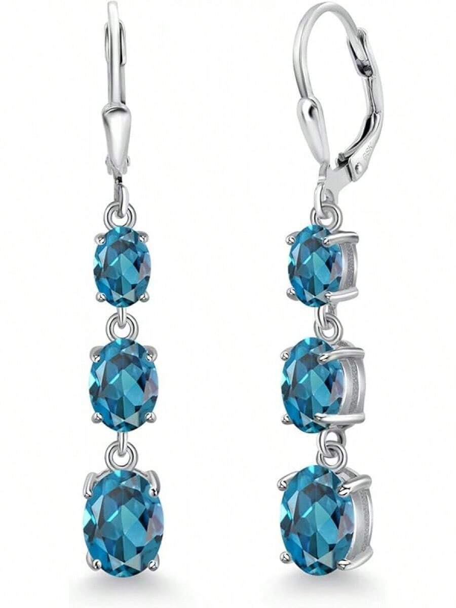 Gem Stone King 3-Stone Leverback Drop Dangle Earrings Women | 925 Sterling Silver | Gemstone Birthstone | Oval 8X6MM 7X5MM And 6X4MM | Fine Jewelry Gifts Her Mom Women Wife - 倫敦藍色托帕石,十一月 - 查看 1