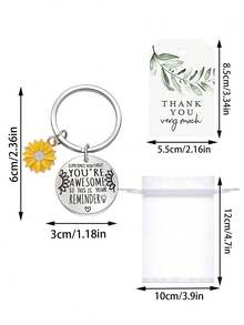 1pc/8pcs/16pcs/24pcs Inspirational Sunflower You're Awesome Key Chain Gift Set,Inspirational Sunflower Keychain Gifts,With Stainless Steel Key Chain,Green Leaf Thank You Card, White Organza Gift Bag - Multicolor - View 3