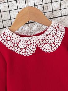 BASUSARRI Vestido de menina estilo natalino, elegante, versátil, com gola Peter Pan vazada, renda plissada, festa de aniversário, vestido vermelho grande, adequado para passeios, outono/inverno