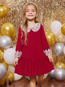 BASUSARRI Vestido de menina estilo natalino, elegante, versátil, com gola Peter Pan vazada, renda plissada, festa de aniversário, vestido vermelho grande, adequado para passeios, outono/inverno