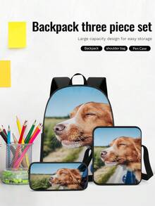 1 Set Mochila duradera de poliéster con elemento animal, incluye estuche para lápices para útiles de oficina, herramientas, conveniente para viajes al aire libre, picnic, mochila multifuncional tipo bandolera, regalo para volver a la escuela