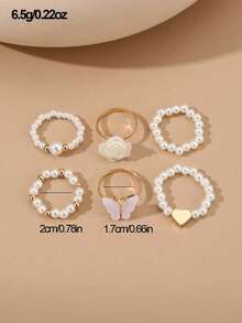 6pcs/Set Girls Butterfly, Pearl, Flower, Heart Shaped Ring Set - Multicolor - View 3