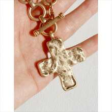 Hammered Bold Cross Necklace Thick Chain Set For Women Men Chunky Golden Silvery Statement Pendant Necklace Vintage Chain Pendant Jewelry