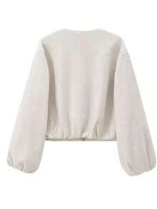 Simple Versatile Daily Solid Color Zip-Up Short Jacket With Pockets, Soft Zip-Up Long Sleeve Jacket, Women Casual Full Set Long Sleeve Outerwear, Autumn/Winter Spring - Beige - View 7