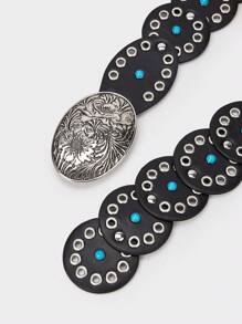 Y2K 波西米亚风雕花印花扣铆钉拼布装饰西部复古腰带配饰，适合裙子、音乐节、派对