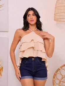 Caroline Women's 3-Ruffle Crop Top With Tie At The Neck - Beige - View 3